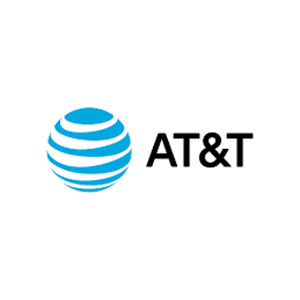 AT&T logo featuring a blue, striped globe icon to the left of the black text "AT&T" on a white background.