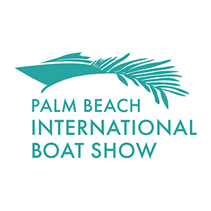 Logo for the Palm Beach International Boat Show featuring a stylized teal boat and palm frond above the event name in bold, teal capital letters on a white background.