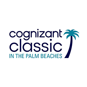 Logo for the Cognizant Classic in the Palm Beaches, featuring the event name in dark blue and turquoise text with a stylized turquoise palm tree on a white background.