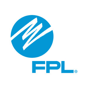 Blue circle with a white, zigzag line resembling a stylized "F" or lightning bolt inside. Below, bold blue letters read "FPL" with a small registered trademark symbol.