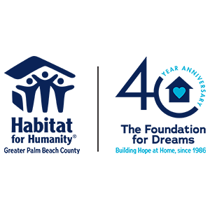 Logos of Habitat for Humanity Greater Palm Beach County on the left, and The Foundation for Dreams 40th Year Anniversary on the right, separated by a vertical line.