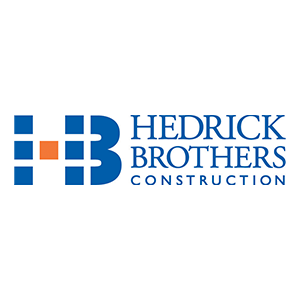 Logo for Hedrick Brothers Construction, featuring a stylized blue "HB" with orange squares on the left, and the company name in blue uppercase letters on the right.