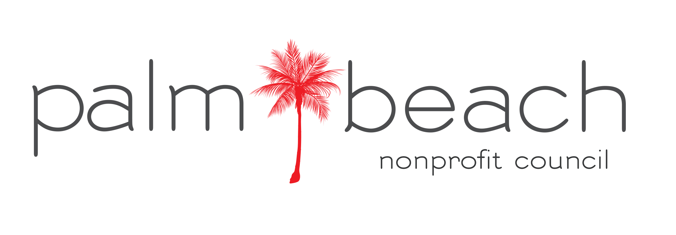Logo for Palm Beach Nonprofit Council. The words "palm beach" are in lowercase gray letters, with a red palm tree as the "l" in "palm." "Nonprofit council" appears in smaller gray letters below "beach.