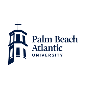 Palm Beach Atlantic University logo featuring a navy blue stylized chapel tower with a cross on top, next to the university name in navy blue text on a white background.