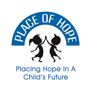 Logo for "Place of Hope," featuring two silhouetted children giving a high-five below a blue arc with the words "PLACE OF HOPE." Below the image, the text reads, "Placing Hope In A Child’s Future.