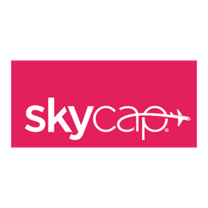 Logo with the word "skycap" in white lowercase letters on a pink background; the letter "a" features an airplane graphic extending from its right side.