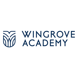 The logo for Wingrove Academy features a stylized, symmetrical shield graphic next to the words "Wingrove Academy" in uppercase, navy blue letters on a white background.